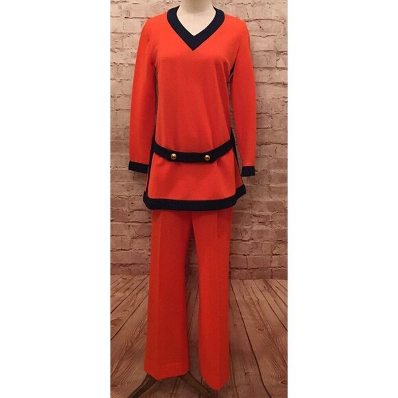 Vintage Sacony 2 pc Pantsuit Orange Navy Blue Mod Tunic + Pants Retro 60’s/70’s - Picture 1 of 6